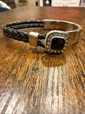 Black Stone Braided Leather and Silver Tone Bracelet